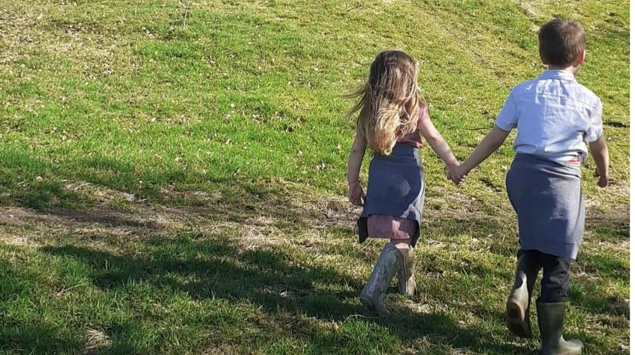 Two children walking hand in hand across a grassy field.